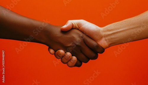 A strong handshake on a vibrant orange background represents partnership and agreement, reflecting a positive financial mindset and collaboration in achieving economic goals.