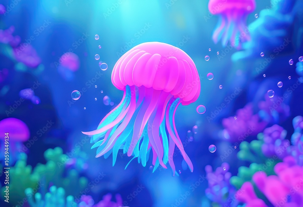 A vibrant, glowing jellyfish floats among colorful underwater corals and bubbles. A vibrant, glowing jellyfish floats among colorful underwater corals and bubbles.