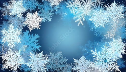 Snowy frosty background with beautiful snow patterned snowflakes