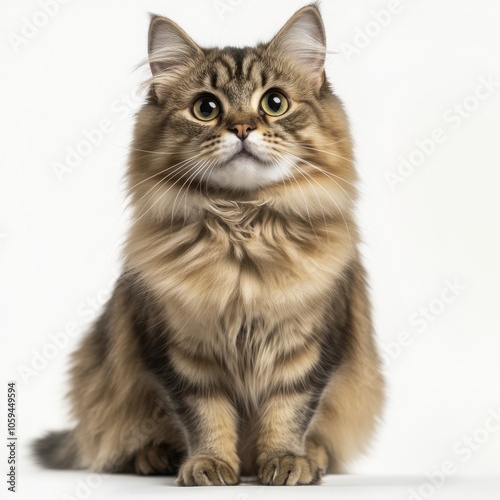 Fluffy cat with expressive eyes, white isolated background.