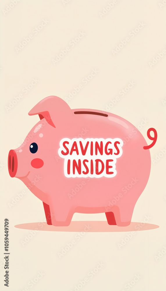 Cute pink piggy bank with savings inside text against a light background Cute pink piggy bank with savings inside text against a light background