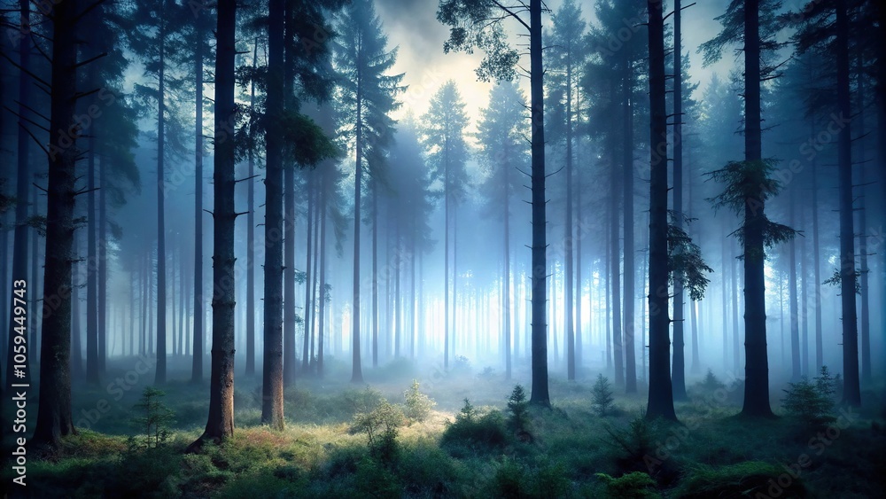 Fototapeta premium Dark forest landscape with tall trees and misty atmosphere at dusk, seclusion, landscape, foggy, trees