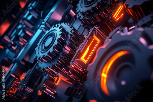 Mechanism of gears and cogwheels in the neon lights asbtarct background. photo