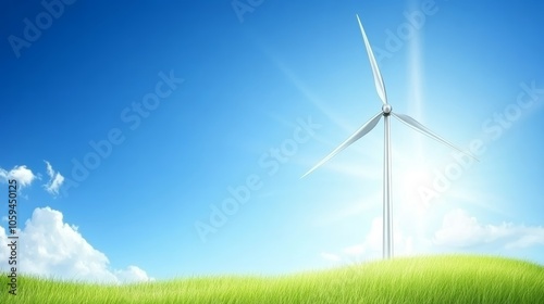 Clean energy, wind turbine in lush green field under a clear blue sky sustainable power generation photo