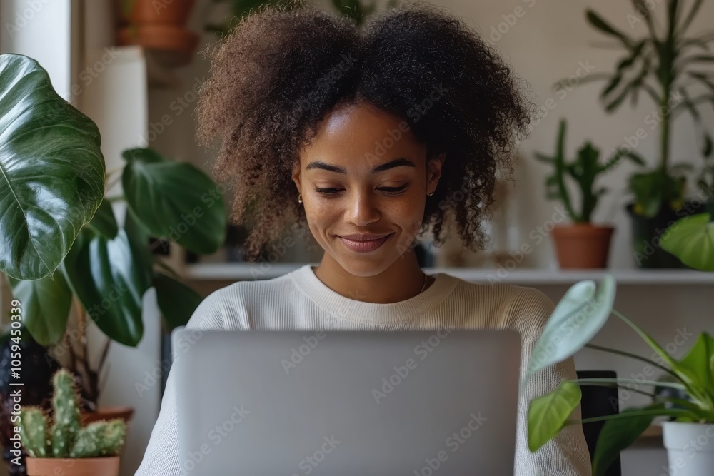 A young woman is focused on her laptop, sitting in a room filled with various houseplants, conveying a blend of technology and nature within a modern indoor setting. A young woman is focused on her laptop, sitting in a room filled with various houseplants, conveying a blend of technology and nature within a modern indoor setting.