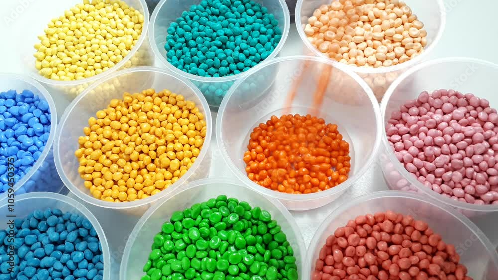 Orange masterbatch granules are poured into a cup among various other colors.Color pigment carrier polymers in the plastics industry Orange masterbatch granules are poured into a cup among various other colors.Color pigment carrier polymers in the plastics industry
