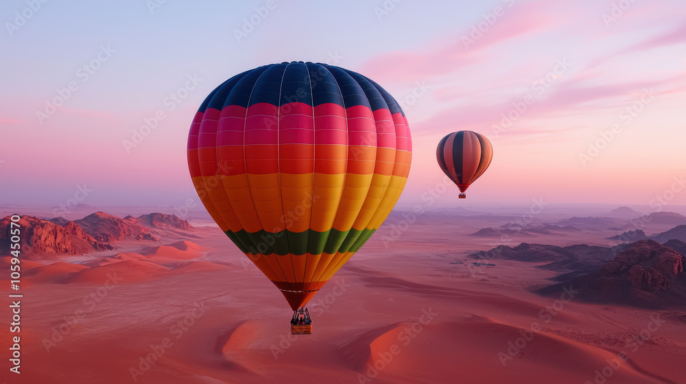 Naklejka premium Colorful hot air balloons flying over desert landscape at sunset, creating serene atmosphere