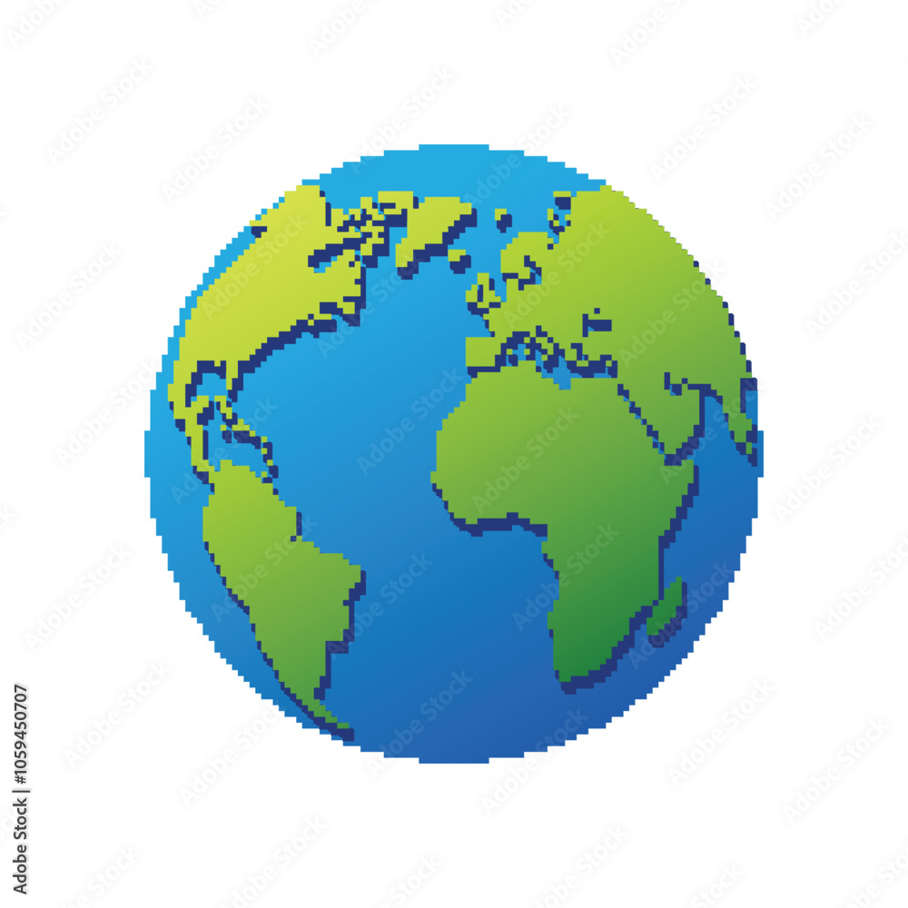 Colored planet earth with continents. Blue seas and oceans with green geographic lands for graphic vector design Colored planet earth with continents. Blue seas and oceans with green geographic lands for graphic vector design