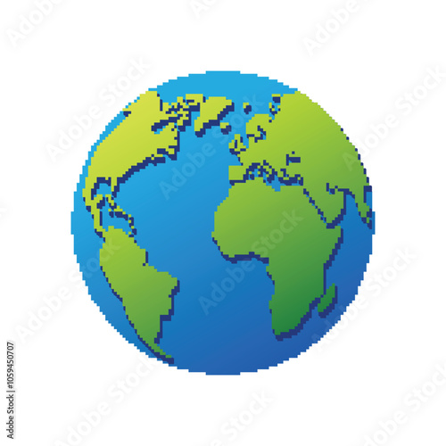 Colored planet earth with continents. Blue seas and oceans with green geographic lands for graphic vector design