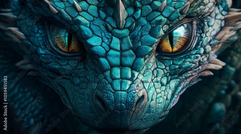 Fototapeta premium Close-Up of Mythical Blue Dragon Face with Piercing Golden Eyes, Digital 3D Illustration