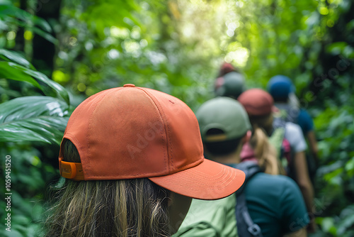 Exploring lush green forest trail, group of hikers wearing colorful caps. vibrant foliage creates serene atmosphere, perfect for adventure and connection with nature