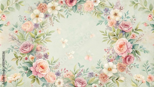 Delicate floral wreath wallpaper with intricate details and soft pastel colors, floral patterns, interior design