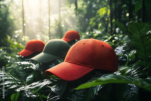 Capture action packed product shot of sporty caps in lush green forest. vibrant colors of caps contrast beautifully with natural surroundings, creating engaging visual photo