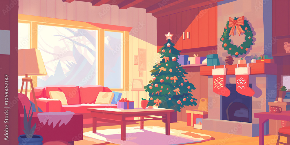 Fototapeta premium Warm Christmas Cottage Interior: Fireplace, stockings, and tree. 2D Stylized Illustration