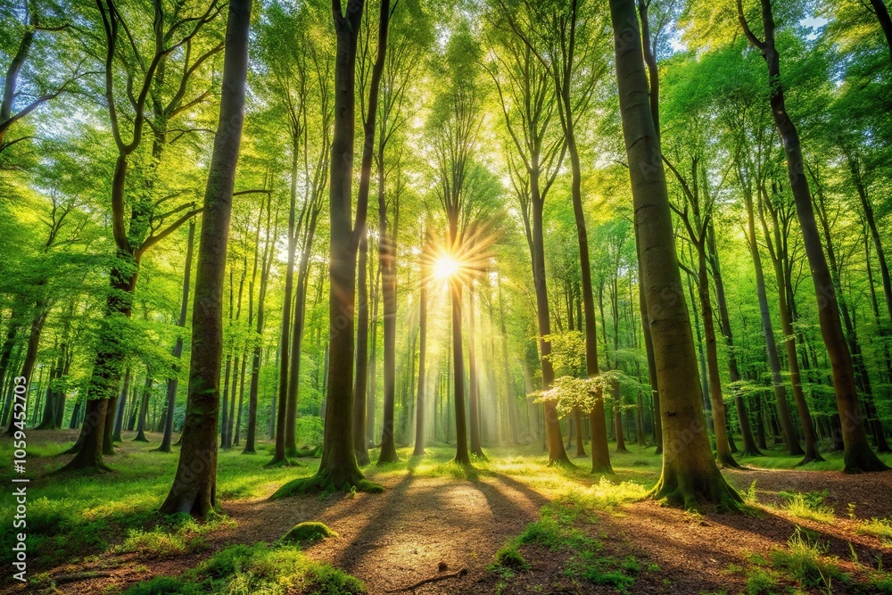 Fototapeta premium Dense forest with tall trees and dappled sunlight filtering through the leaves, dappled light, nature, forest