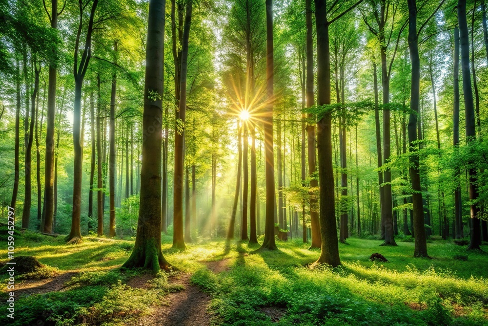 Fototapeta premium Dense forest with tall trees and sunlight filtering through leaves, undergrowth, leafy branches