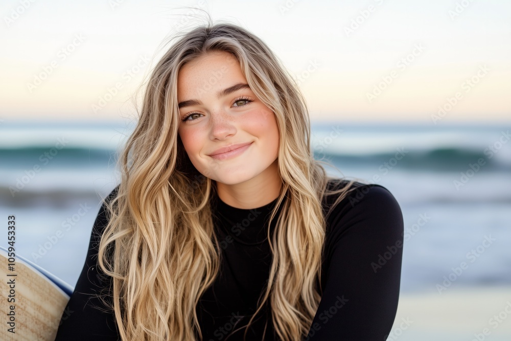 Smiling surfer woman enjoying the calm ocean waves at sunset while sitting on her surfboard in shallow water Smiling surfer woman enjoying the calm ocean waves at sunset while sitting on her surfboard in shallow water