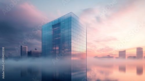 Modern glass skyscraper emerging from fog in city at sunset