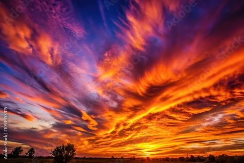 Dramatic sunset colors with deep oranges and purples create a stunning gradient effect on the sky with wispy clouds animation., deeporanges, atmosphericplay, graduatedskies, dramaticeffect photo
