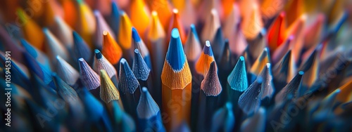 Close-up of colorful pencils, focusing on the pointed tips and delicate textures, symbolizing creativity and drawing