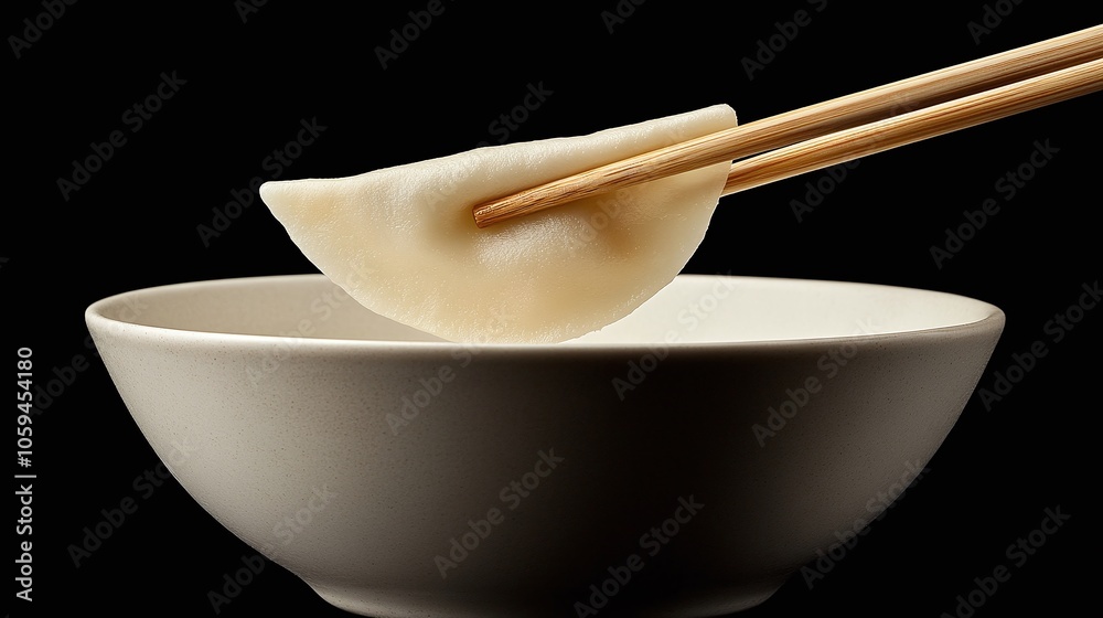 Chopsticks holding a delicate wonton from a soup bowl, with fine details on the wrapper and a hint of broth dripping off. Chopsticks holding a delicate wonton from a soup bowl, with fine details on the wrapper and a hint of broth dripping off.