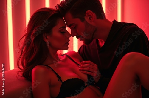 Romantic moment between a couple in intimate setting with soft red lighting during evening hours