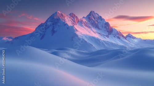 The snow-covered mountains rise majestically against a vibrant sunset, with soft clouds reflecting warm colors and casting gentle shadows across the serene winter landscape below.