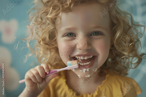 A joyful young girl with curly blonde hair brushes her teeth, showcasing her bright smile and playful spirit in a cheerful setting.