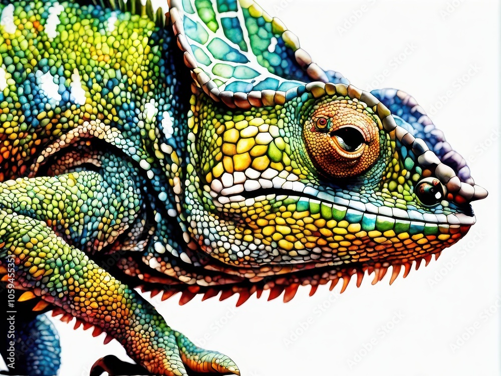 Fototapeta premium A vibrant, detailed illustration of a chameleon showcasing its colorful scales.
