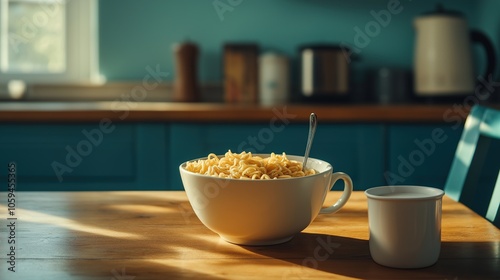 Bowl of noodles on the table with a cup of milk