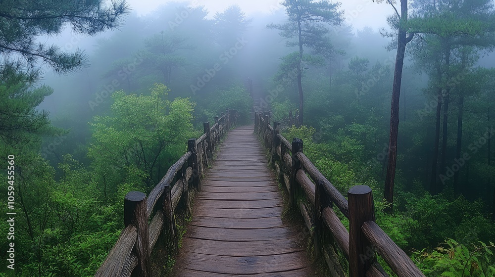 Fototapeta premium A wooden bridge leading through a foggy forest.