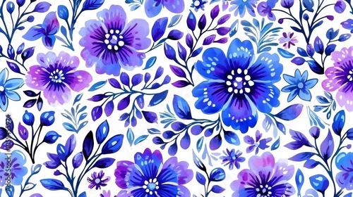 The floral design combines vintage batik elements with ethnic embroidery using hand-drawn watercolor blooms in blues and purples.