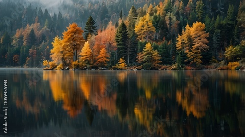 Fog in nature. A misty forest in autumn with a mix of evergreen and yellow-orange deciduous trees