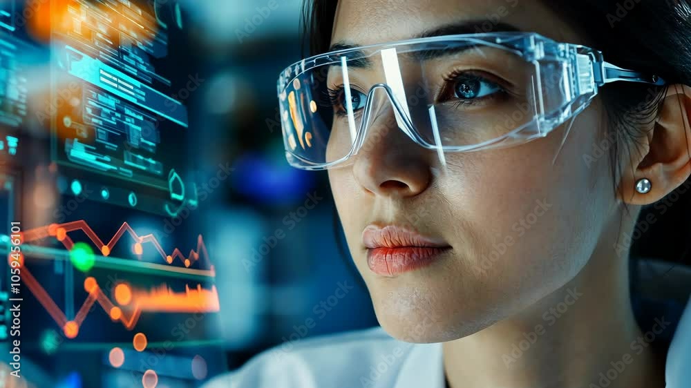 A woman wearing safety glasses looks intently at a computer screen displaying data A woman wearing safety glasses looks intently at a computer screen displaying data