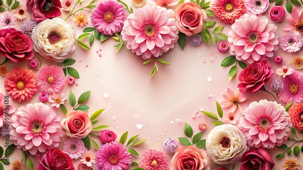 Heart-shaped floral wallpaper with delicate pink and red flowers surrounding a stylized heart center, bouquet, love Heart-shaped floral wallpaper with delicate pink and red flowers surrounding a stylized heart center, bouquet, love