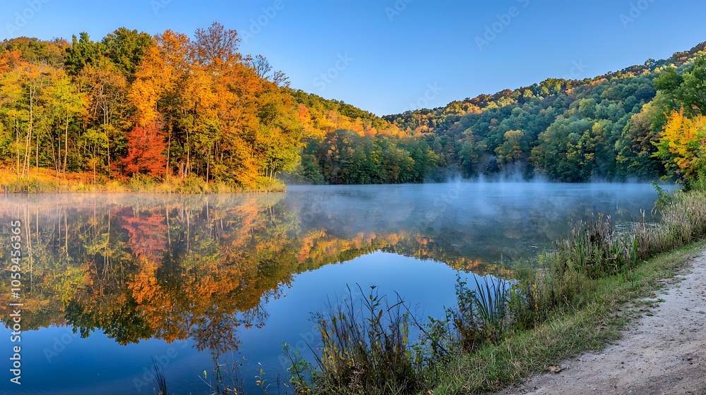 Silent Waters: A tranquil lake mirrors the mist, its surface barely disturbed by unseen ripples. Silent Waters: A tranquil lake mirrors the mist, its surface barely disturbed by unseen ripples.
