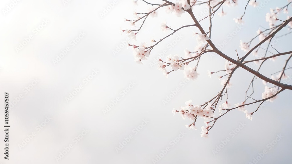 Ethereal cherry tree branches reaching towards a pastel misty sky, dreamy, branches Ethereal cherry tree branches reaching towards a pastel misty sky, dreamy, branches