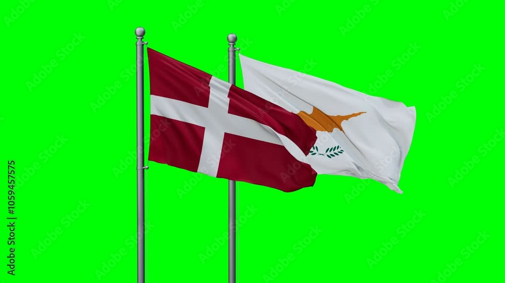 Cyprus and Denmark flags flying together, video concept of the relationship with colored chroma key for easy background remove Cyprus and Denmark flags flying together, video concept of the relationship with colored chroma key for easy background remove