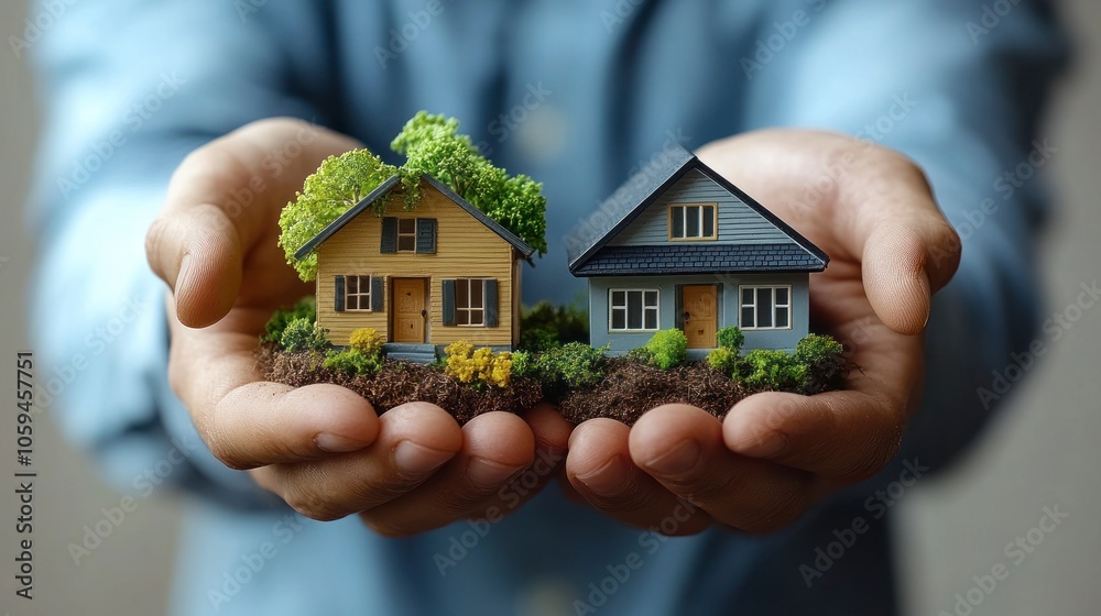 Real estate agent holding two miniature houses in his hands, choosing best deal Real estate agent holding two miniature houses in his hands, choosing best deal