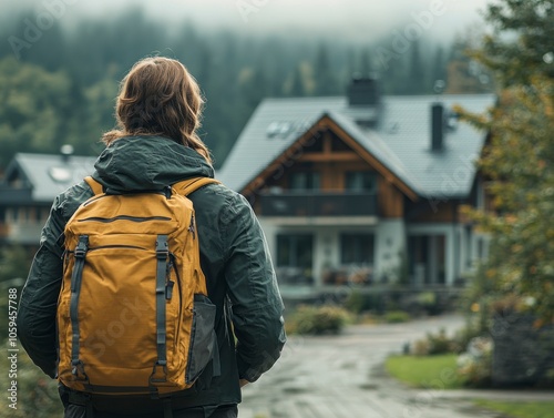 Tourist walking towards wooden chalet in mountain village