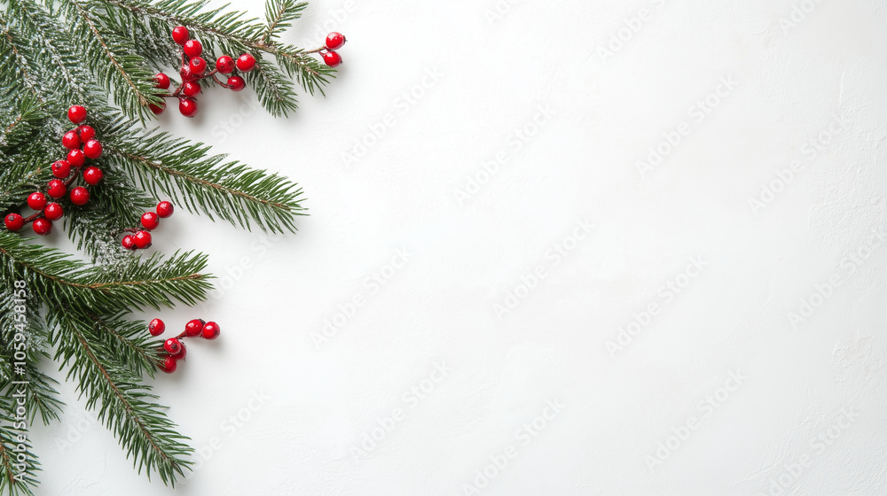 Christmas background with fir branches and red berries on a white table Christmas background with fir branches and red berries on a white table
