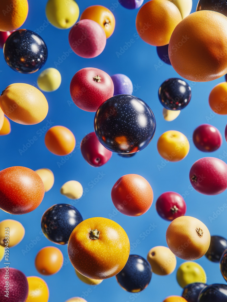 Close-up of colorful fruits floating in mid-air on blue background Close-up of colorful fruits floating in mid-air on blue background
