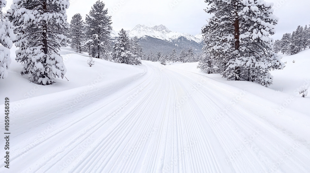 Snowy road with pine trees and mountains in distance creates serene winter landscape Snowy road with pine trees and mountains in distance creates serene winter landscape