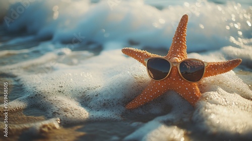 A starfish wearing sunglasses on a beach. photo