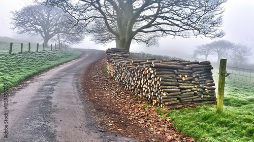 Foggy Woodpile: Logs stacked neatly, waiting for warmth to dispel the chill. 