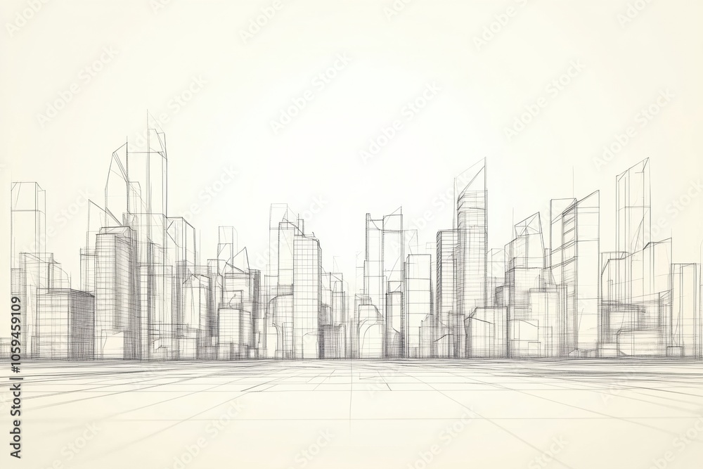 Obraz premium This artwork features a sleek and futuristic city skyline, emphasizing geometric shapes and clean lines against a neutral backdrop. Generative AI