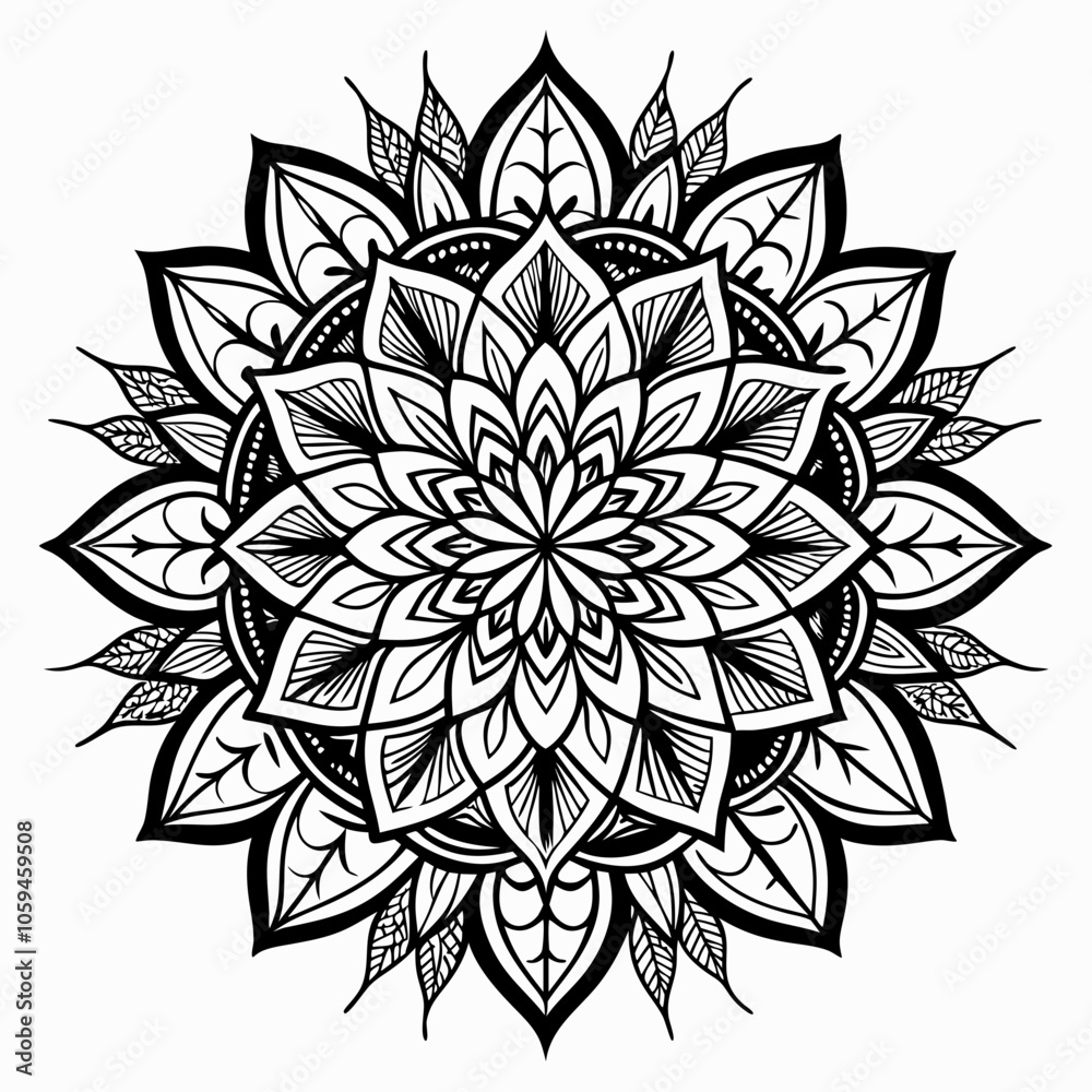 Fototapeta premium Detailed Black and White Mandala Illustration - Symmetrical Floral Pattern