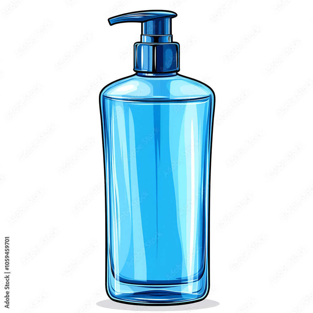 A clear blue plastic pump bottle filled with liquid sits against a plain background, highlighting its sleek design and functionality A clear blue plastic pump bottle filled with liquid sits against a plain background, highlighting its sleek design and functionality