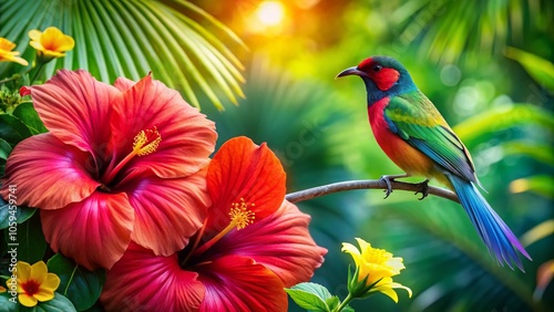 Vibrant Hibiscus Flower and Paille en Queue Bird in Tropical Paradise – Stunning Product Photography for Nature Lovers