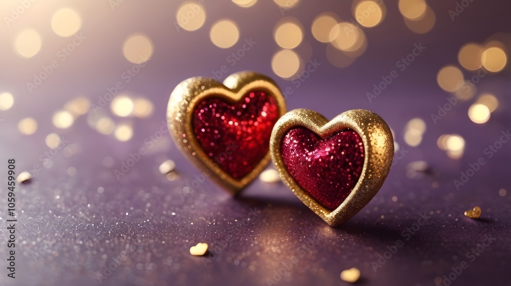 Fototapeta premium Valentines day, anniversary background with red gold hearts on purple defocused bokeh lights, copy space